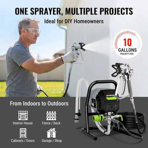 700W Airless Paint Sprayer Delivers 2900 PSI Of Raw Power For Effortless Home Makeovers in use outdoors spraying a wall.