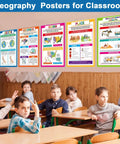 Classroom Ready World Geography Poster Set for Social Studies displayed in a classroom above engaged students.