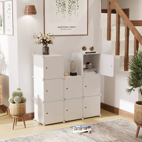 9 Cube Storage Organizer With Doors For Bedroom And Living Room, DIY Plastic Modular Bookshelf Closet Cabinet, 9 Compartment Space Saving Shelves In Milky Finish For Books Toys And Decor