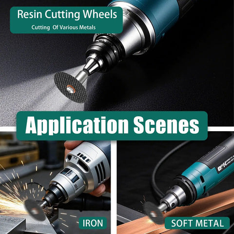 66 Piece All In One Rotary Tool Accessory Kit With Resin Cutting Discs shown cutting iron and soft metal