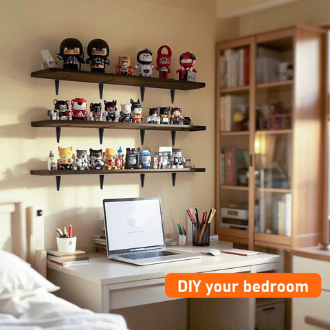Hella Sturdy 8 Pack Black Metal L Shelf Brackets Heavy Duty Wall Mount Floating Shelf Supports on display with figurines.
