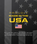 Proudly made in the USA flag graphic with text and American flag for 4-Tier Heavy Duty Plastic Garage Storage Shelves For No-Fuss Organization And Space Saving, Rugged Multi Shelf Rack To Tidy Tools, Gear, And Containers, Easy Assembly, Ideal For Workshop Or Home Garage.