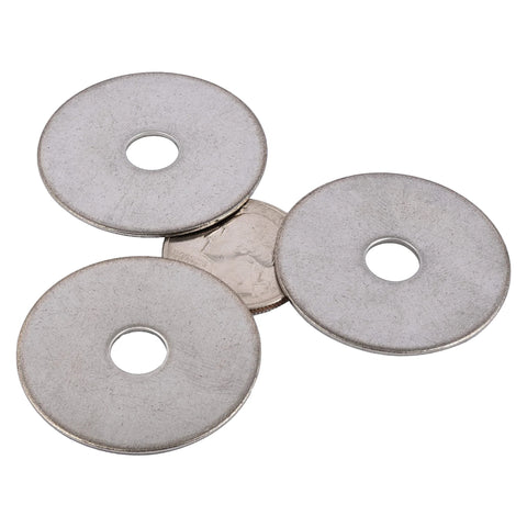 Top-down view of four stainless Fender washers, 1-1/4 in OD with 5/16 in hole, 18-8 (304) stainless steel.
