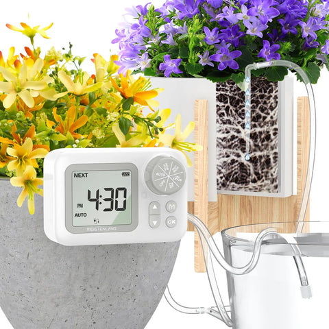 Automatic Watering System For 15 Potted Indoor Houseplants with digital timer and drip irrigation kit in use