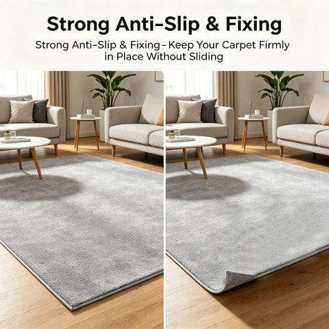 Living room showing how the Eight Piece Triangle Rug Pads Set 70x70mm No Slip Dual Sided Adhesive Pads prevents rug curling and sliding.