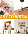 Image showing installation steps of Heavy Duty Picture Hangers Kit 281 Pcs With Sawtooth Wall Hooks, Nuts, Screws And Level.