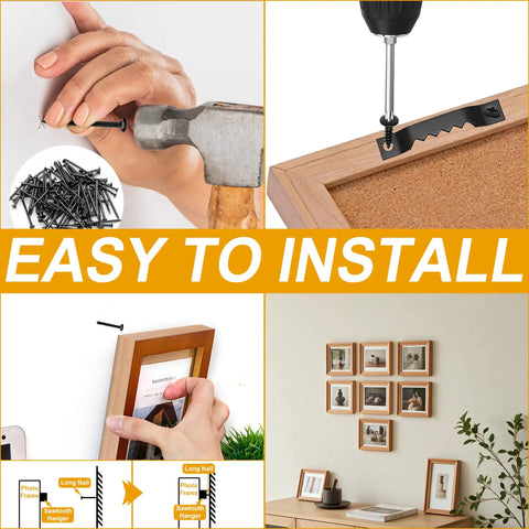 Image showing installation steps of Heavy Duty Picture Hangers Kit 281 Pcs With Sawtooth Wall Hooks, Nuts, Screws And Level.