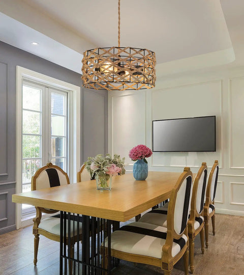 Dining room with Boho Pendant Light Rustic Hand Woven Hemp Rope Drum Cage Rattan Hanging Lamp above wooden table and chairs.