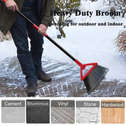 Kick Up Dust Heavy Duty Angle Broom With Rust Resistant Handle And Split End Bristles For Indoor Outdoor Cleaning Perfect For Kitchen Garage And Industrial Courtyards Dang Tough Commercial Floor Sweeper in use on pavers.