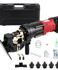 Beast 1400W Electric Hydraulic Hole Puncher, 22 Ton Portable Punch Tool displayed with dies, tools, and black case
