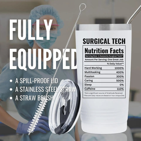 White 20 Oz Double Wall Travel Tumbler With Splash Safe Lid Straight Up Top Tier For Surgical Tech Teams Lowkey Stylish Build with stainless steel straw
