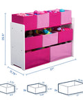 Deluxe Multi Bin Toy Organizer with 9 Bins in White and Pink for Toddlers Ages 3 to 6, sturdy wood and fabric build