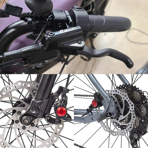 Close-up of EBike Hydraulic Disc Brake Set With Power Off Sensor, showing levers and calipers on handlebars and rotors on wheels.