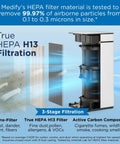 Cutaway view of MA 40 Replacement Filter For Allergens Smoke Wildfire Smoke Dust Odors Pollen And Pet Dander 3 In 1 With Pre Filter True HEPA H13 And Activated Carbon For 99.9 Percent Removal 1 Pack highlighting 3-stage filtration features.
