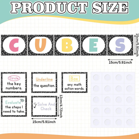 10 Piece Math Bulletin Board Set For Classroom Cubes And Problem Solving Posters with sizes and paper cutout designs shown.