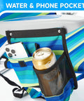 Close-up of ocean striped chair with cup holder and pocket, featuring Two Pack Lightweight Portable Camping Beach Chairs For Adults With Five Position Lay Flat Option Backpack Style Folding Beach Chair With Towel Bar Zipper Pouch And Cup Holder Ocean Striped All Day Comfort.