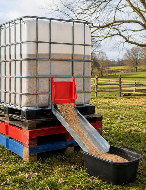 9X9 Heavy Duty Sliding Grain Gate Built Tough For Barns And Ibc Totes in use with grain flowing into a bin.