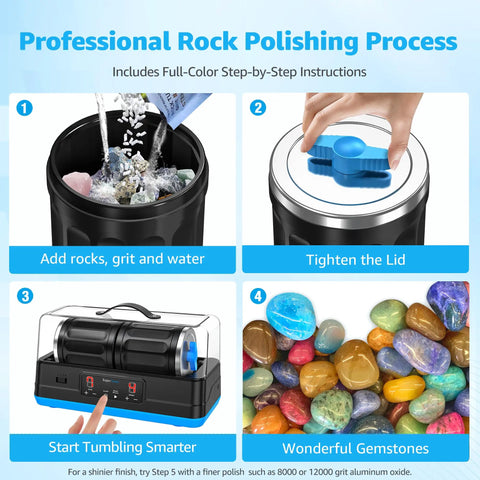 Ultra Quiet Brushless Rock Tumbler Kit With 7Lb Dual Barrel Polisher And Noise Canceling Cover Gemstone And Jewelry STEM Set For Adults Cool Gift For Home Workshop Projects And Creative Jewelry Making showing rock polishing steps