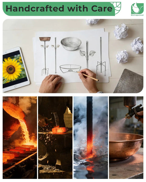 Design and crafting process of a Metal Bird Bath For Outdoors 36 Inch Tall Stake With Removable 13 Inch Diameter Bowl.