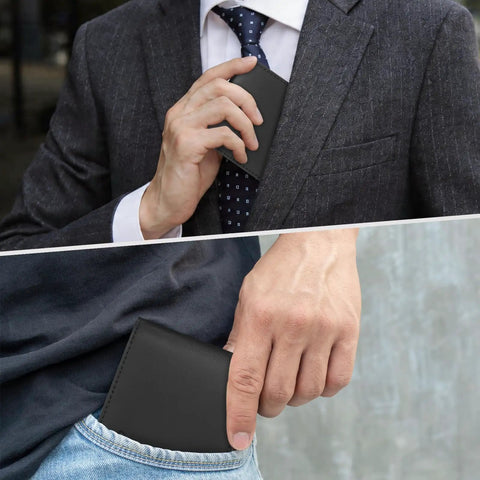 Man placing Ridiculously Sleek Slim RFID Blocking Wallet For Men With ID Window into suit and jeans pockets.