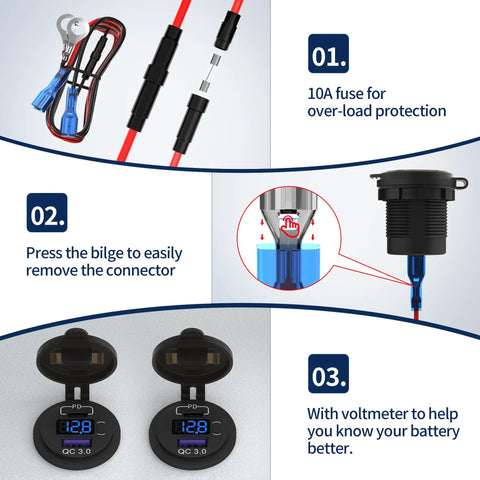 Straight Shooter 12V USB C Car Charger Socket 3 Pack, featuring 10A fuse and dual USB outlets with digital voltmeter.