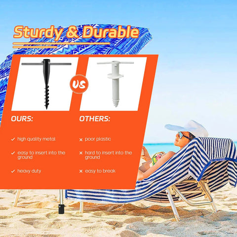 Comparison of Heavy Duty Outdoor Umbrella Sand Anchor Stand to plastic alternative on a sunny beach.