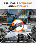 Heavy Duty 1500W Electric Rebar Bender Fits 16 To 25mm Steel Rod Up To 1 Inch With Fast 3 Second Cycle Adjustable Angle Portable Hydraulic Bending Machine In Carry Case shown on construction site with various steel materials.