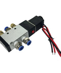 Four Way Solenoid Valve One Quarter Inch With All Fittings For Pneumatic Cylinders Twelve Volt Includes Push In Air Fittings And Speed Control Brass Mufflers For Fast Lift And Big Airflow, shown with wiring and attachments.