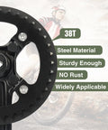 Close-up of One Piece 38T Mountain Bike Crankset with steel 38T chainring and aluminum alloy chain cover, shown with durability features.