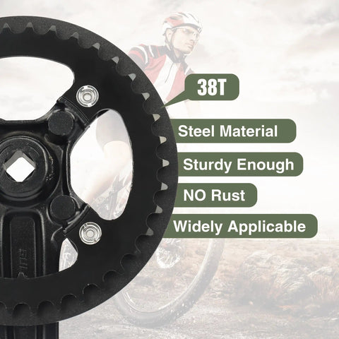 Close-up of One Piece 38T Mountain Bike Crankset with steel 38T chainring and aluminum alloy chain cover, shown with durability features.