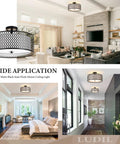 17 Inch Semi Flush Mount Ceiling Light Fixture With Three Light E26 Base Dope Modern Double Drum Design in living room