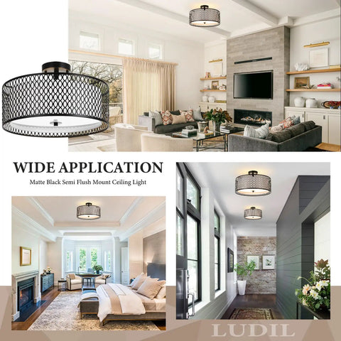 17 Inch Semi Flush Mount Ceiling Light Fixture With Three Light E26 Base Dope Modern Double Drum Design in living room