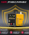Pilot Arc Plasma Cutter 50A Dual Voltage 110 To 220V With LED Display and Air Sensor, Yellow, showing front view on stand