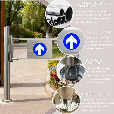Rock Solid Stainless Steel Two Way Swing Gate With Smooth Operator Action Built Like A Tank For Busy Warehouses Or Driveways Hella Durable 180 Degree Pivot Post Mount Ready with thickened stainless steel tubing and clear signage.