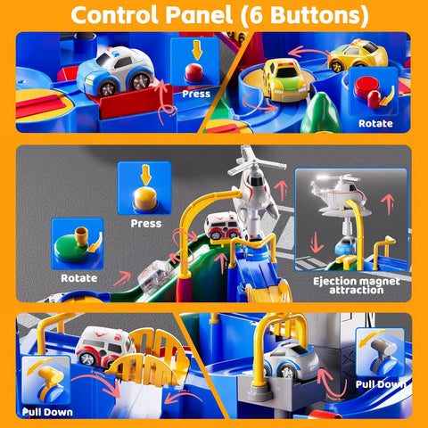 Epic Kids Car Race Track Set For Ages Three And Up with city course control panel showing 6 interactive buttons