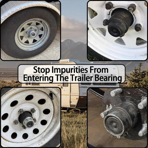 Trailer hub cap plug set in rubber for 1.98/2.44/2.72 in axles; four plugs shown across front, side and close-up wheel hub views.