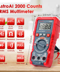 Handy Digital Multimeter M2K0R with Auto Ranging DC and AC Voltmeter, red casing, standing on support stand, features displayed