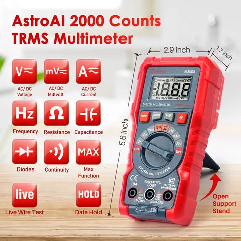 Handy Digital Multimeter M2K0R with Auto Ranging DC and AC Voltmeter, red casing, standing on support stand, features displayed