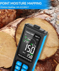 Pinless Wood Moisture Tester for Firewood and Home Projects, Fast Moisture Meter With Easy Readout, Detects Wood Wetness and Leaks, Handy Home Improvement Tool, black blue handheld meter on logs