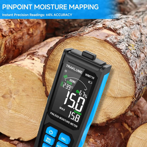 Pinless Wood Moisture Tester for Firewood and Home Projects, Fast Moisture Meter With Easy Readout, Detects Wood Wetness and Leaks, Handy Home Improvement Tool, black blue handheld meter on logs