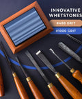 Two Whetstones Grit 400 And 1000 Gouge Sharpener Waterstone Sharpening System with chisels on bamboo base