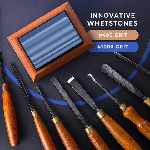 Two Whetstones Grit 400 And 1000 Gouge Sharpener Waterstone Sharpening System with chisels on bamboo base