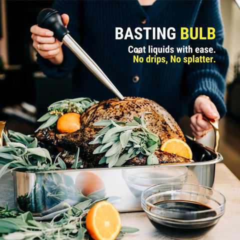 Using Juicy Thanksgiving Turkey Made Easy With This 5 Piece Turkey Baster Set Including Baster, Needle, Cleaning Brush for moist meat