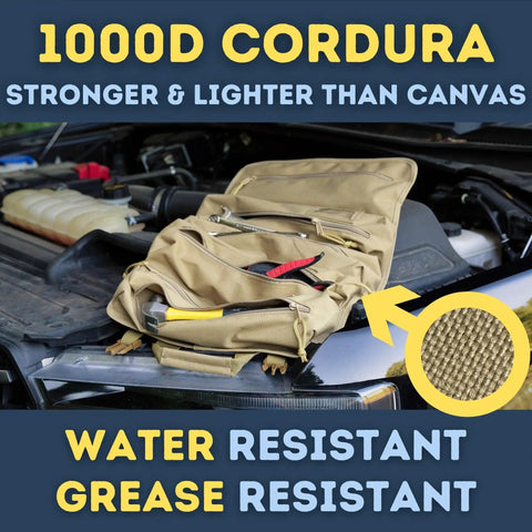 Heavy Duty Large Tool Roll Bag With 1000D Cordura, open on engine hood, showcasing multiple pockets and tools