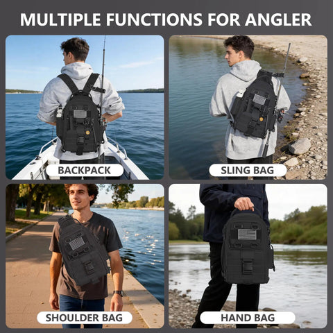 Multiple functions of Dope Fishing Sling Backpack With Rod Holder And Gear Organizer, showing sling, backpack, shoulder, and hand carry.