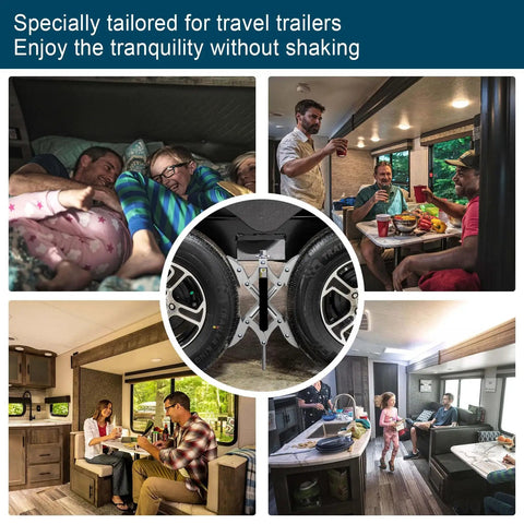 Beefy Heavy Duty RV X Chocks Wheel Stabilizers For Travel Trailers Pack Of 2 Open 2 To 10 Inches installed between wheels