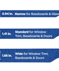 Image of blue painter tape width options: 0.94 in narrow for baseboards, 1.41 in standard, 1.88 in wide for trim and doors.