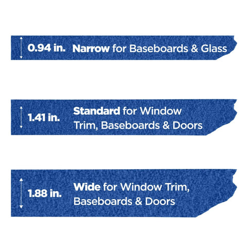 Image of blue painter tape width options: 0.94 in narrow for baseboards, 1.41 in standard, 1.88 in wide for trim and doors.