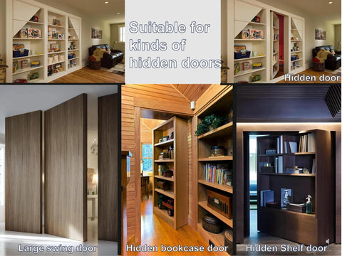 Variety of hidden doors including bookcase, shelf, swing doors using Hidden Pivot Hinge For Secret Doors And Hidden Bookcases Thickened Rock Solid Heavy Duty Steel Hardware With 870 Lbs Load Bearing 360 Degree Rotation Smooth Bearing Design Rust Resistant Patented in a room setting.