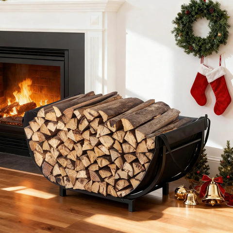 Curved Firewood Rack For Indoor And Outdoor Use, Heavy Duty Metal Log Holder With Detachable Haul Bag by fireplace